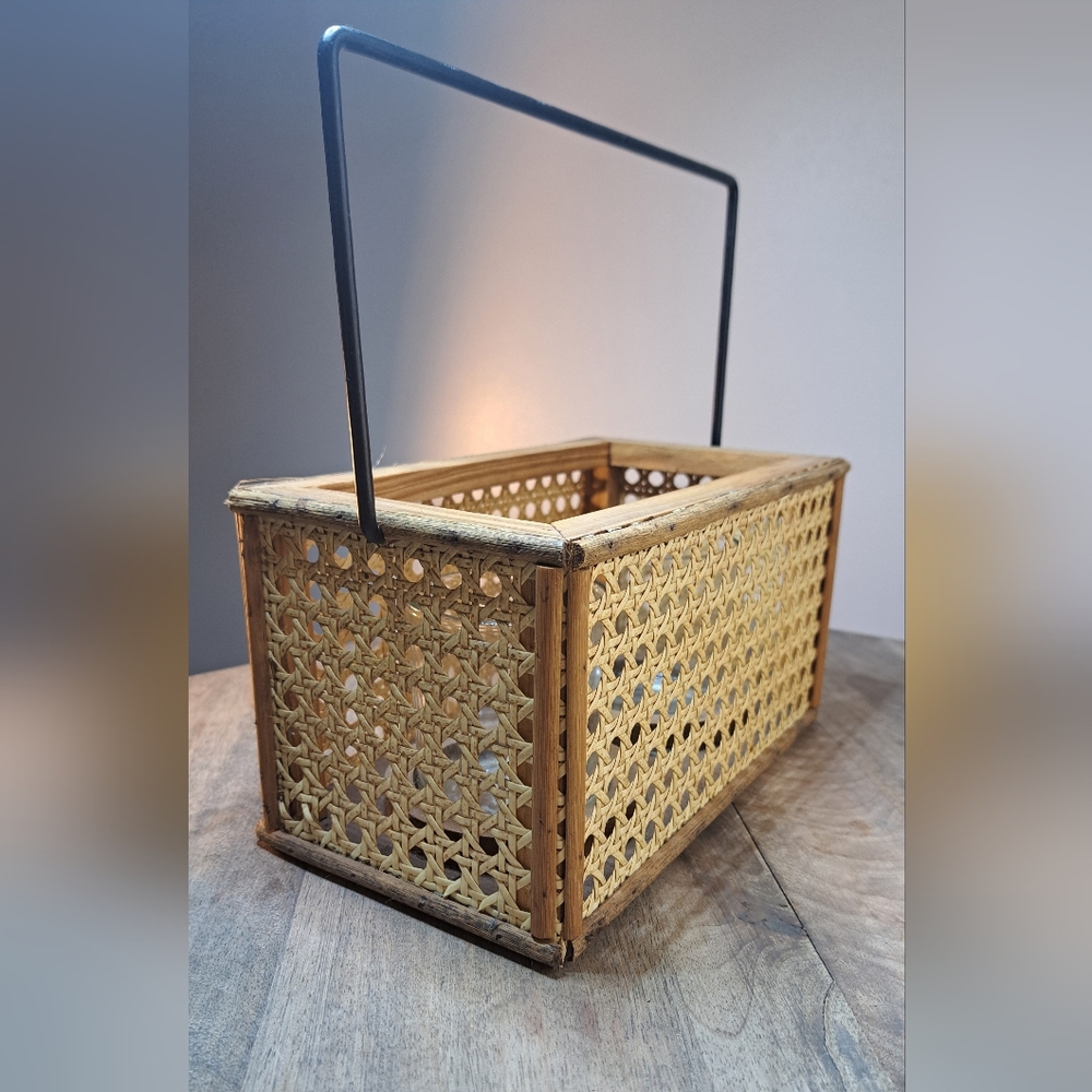 Woven Rattan Basket Candle Holder with Black Handle
